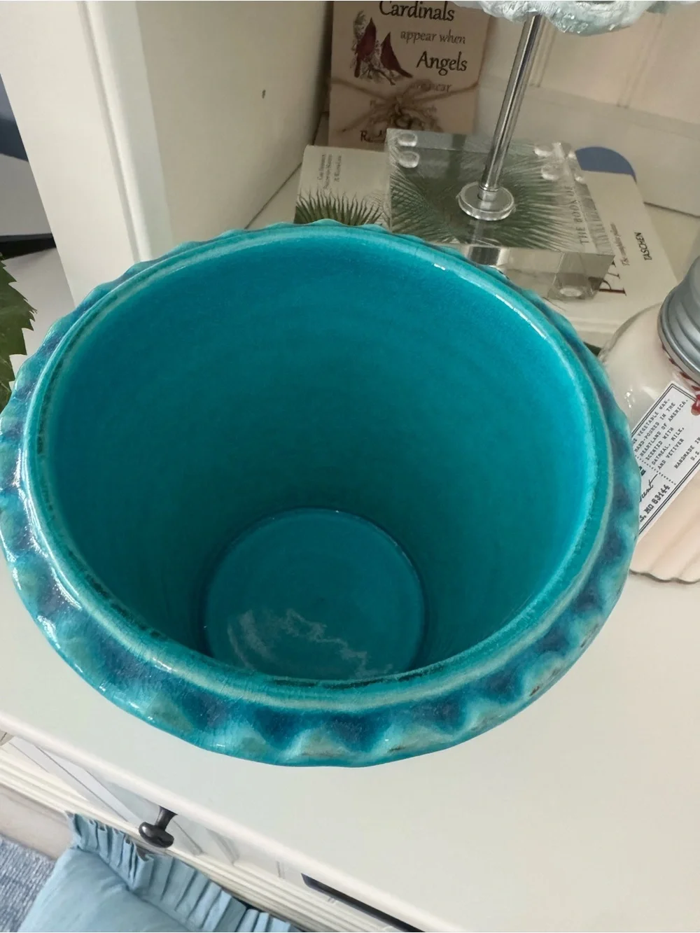 Bright Turquoise Ceramic Planter with Scalloped Rim ~ 5 1/2” tall